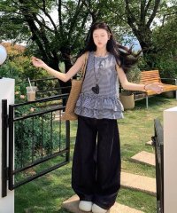 shopnikoniko/ショップニコニコ ShopNikoNiko ギンガムチェック ティアードフリル ノースリーブチュニック ma 【即納】韓国カジュル ガーリー チュニック チュニ/508294768
