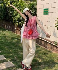 shopnikoniko/ショップニコニコ ShopNikoNiko ギンガムチェック ティアードフリル ノースリーブチュニック ma 【即納】韓国カジュル ガーリー チュニック チュニ/508294768