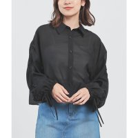 Honeys/ハニーズ Honeys 袖ドロストシアーシャツ トップス シャツ シアーシャツ ブラウス 長袖 袖ドロスト シアー ドロスト 無地 チェック柄 ショート丈 レデ/508312262
