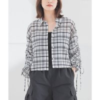 Honeys/ハニーズ Honeys 袖ドロストシアーシャツ トップス シャツ シアーシャツ ブラウス 長袖 袖ドロスト シアー ドロスト 無地 チェック柄 ショート丈 レデ/508312262