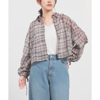 Honeys/ハニーズ Honeys 袖ドロストシアーシャツ トップス シャツ シアーシャツ ブラウス 長袖 袖ドロスト シアー ドロスト 無地 チェック柄 ショート丈 レデ/508312262