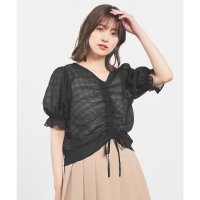 Honeys/ハニーズ Honeys ドロストブラウス トップス ブラウス 半袖 ドロスト Vネック ショート丈 キャンディスリーブ ストレッチ サッカー素材 無地 レディー/508312272