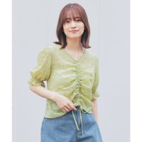 Honeys/ハニーズ Honeys ドロストブラウス トップス ブラウス 半袖 ドロスト Vネック ショート丈 キャンディスリーブ ストレッチ サッカー素材 無地 レディー/508312272