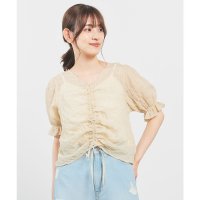 Honeys/ハニーズ Honeys ドロストブラウス トップス ブラウス 半袖 ドロスト Vネック ショート丈 キャンディスリーブ ストレッチ サッカー素材 無地 レディー/508312272