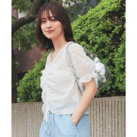 Honeys/ハニーズ Honeys ドロストブラウス トップス ブラウス 半袖 ドロスト Vネック ショート丈 キャンディスリーブ ストレッチ サッカー素材 無地 レディー/508312272
