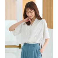 Honeys/ハニーズ Honeys 金釦Vネックブラウス トップス ブラウス 半袖 大きいサイズ オフィス きれいめ Vネックブラウス Vネック ストライプ柄 フレア袖 レ/508312391