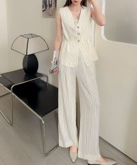 Flolia/フロリア Flolia ベルト付きVネックノースリーブベスト・ワイドパンツ ストライプ セットアップ スーツ フォーマル セレモニー 卒業式 卒園式 入学式 入/508319392