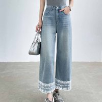 shoppinggo/ショッピングゴー shoppinggo デニムパンツ 低身長 裾レース付き レディース ハイウエスト パンツ ワイド ハイウエスト ストレート ジーンズ ジーパ/508319533