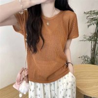 shoppinggo/ショッピングゴー shoppinggo 夏新作 サマーニット 背中レース付き シースルー セクシー レディース セーター 半袖セーター Vネック シンプル 無地/508319535