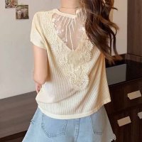 shoppinggo/ショッピングゴー shoppinggo 夏新作 サマーニット 背中レース付き シースルー セクシー レディース セーター 半袖セーター Vネック シンプル 無地/508319535