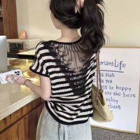 shoppinggo/ショッピングゴー shoppinggo 夏新作 サマーニット 背中レース付き シースルー セクシー レディース セーター 半袖セーター Vネック シンプル 無地/508319535