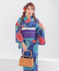 Retica/レティカ Retica 浴衣レディース プチプラ 安い 青地 × カラフル 菊柄 レトロ ストライプ 2点セット (ゆかた・作り帯)/508320042