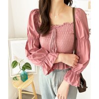 Dewlily/デューリリー Dewlily シャーリングパフスリーブトップス 韓国 ファッション レディース 春夏 着回し 上品 ガーリー フリル ベージュ 体型カバー 通勤/508324344