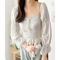 Dewlily/デューリリー Dewlily シャーリングパフスリーブトップス 韓国 ファッション レディース 春夏 着回し 上品 ガーリー フリル ベージュ 体型カバー 通勤/508324344