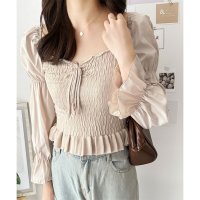 Dewlily/デューリリー Dewlily シャーリングパフスリーブトップス 韓国 ファッション レディース 春夏 着回し 上品 ガーリー フリル ベージュ 体型カバー 通勤/508324344