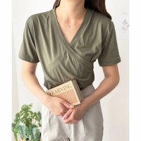 Amulet/アミュレット Amulet クロスデザインVネックTシャツ ラフ デイリー シャツ カシュクール Tシャツ カジュアル 韓国 ファッション レディース 春夏 着/508324359