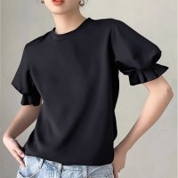 shoppinggo/ショッピングゴー shoppinggo 夏服Tシャツ パフスリーブトップス レディース パフ袖 半袖 Tシャツ トップス クールネック 無地 シンプル カットソ/508324412