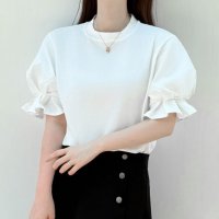 shoppinggo/ショッピングゴー shoppinggo 夏服Tシャツ パフスリーブトップス レディース パフ袖 半袖 Tシャツ トップス クールネック 無地 シンプル カットソ/508324412