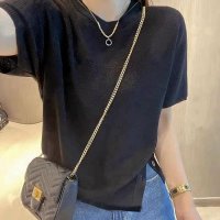 shoppinggo/ショッピングゴー shoppinggo 夏服 サイドボタンサマーニット 半袖 レディース 夏ニット 薄い クルーネック デイリー レトロ カットソー カジュアル/508324428