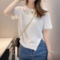 shoppinggo/ショッピングゴー shoppinggo 夏服 サイドボタンサマーニット 半袖 レディース 夏ニット 薄い クルーネック デイリー レトロ カットソー カジュアル/508324428
