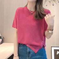 shoppinggo/ショッピングゴー shoppinggo 夏服 サイドボタンサマーニット 半袖 レディース 夏ニット 薄い クルーネック デイリー レトロ カットソー カジュアル/508324428