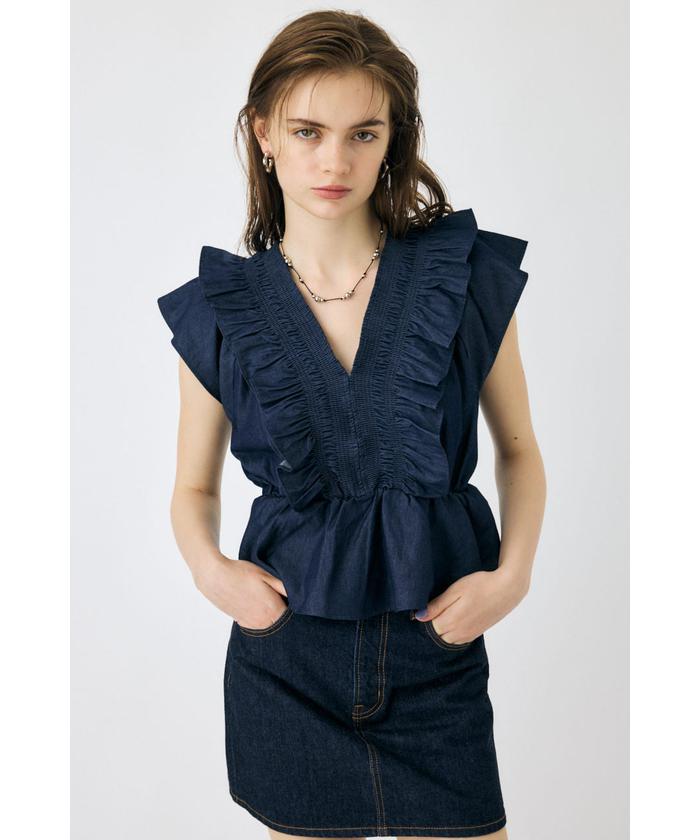 MOUSSY SHIRRING RUFFLE PEPLUM トップス / ブルー SHIRRING RUFFLE PEPLUM トップス / ブルー（シャツ/ブラウス