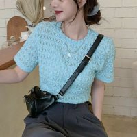 shoppinggo/ショッピングゴー shoppinggo ブラウストップス 白 薄手 花柄 透かし編み Tシャツ レディース 半袖トップス 半袖カットソー おしゃれ 通勤 大人可/508332600
