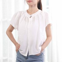 shoppinggo/ショッピングゴー shoppinggo レディース トップス シャツ 半袖 フレンチ袖ノーカラーギャザーブラウス 白 前ボタン 隠し前立て シンプル フォーマル/508332601