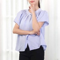 shoppinggo/ショッピングゴー shoppinggo レディース トップス シャツ 半袖 フレンチ袖ノーカラーギャザーブラウス 白 前ボタン 隠し前立て シンプル フォーマル/508332601
