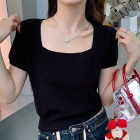 shoppinggo/ショッピングゴー shoppinggo サマーニットショート丈 トップス スクエアネック Tシャツ レディース きれいめ トップス ニットソー 半袖tシャツ 可/508333685