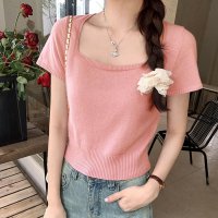 shoppinggo/ショッピングゴー shoppinggo サマーニットショート丈 トップス スクエアネック Tシャツ レディース きれいめ トップス ニットソー 半袖tシャツ 可/508333685