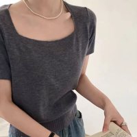 shoppinggo/ショッピングゴー shoppinggo サマーニットショート丈 トップス スクエアネック Tシャツ レディース きれいめ トップス ニットソー 半袖tシャツ 可/508333685