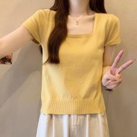shoppinggo/ショッピングゴー shoppinggo サマーニットショート丈 トップス スクエアネック Tシャツ レディース きれいめ トップス ニットソー 半袖tシャツ 可/508333685