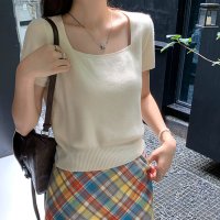 shoppinggo/ショッピングゴー shoppinggo サマーニットショート丈 トップス スクエアネック Tシャツ レディース きれいめ トップス ニットソー 半袖tシャツ 可/508333685