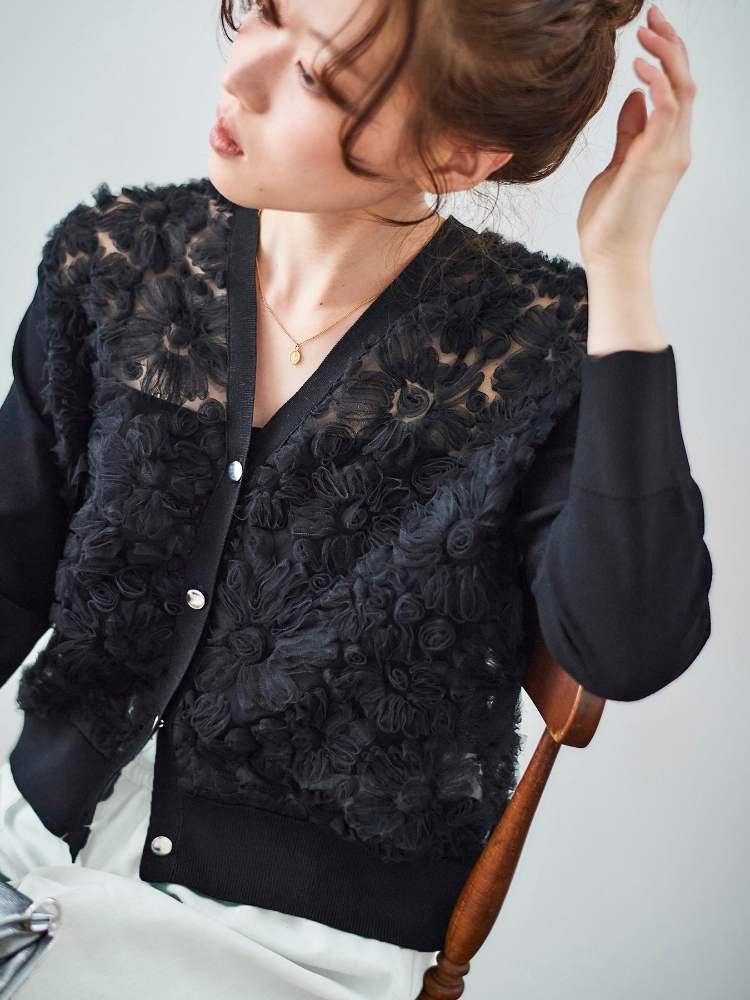le.coeur blanc チュール刺繍Vネックカーディガン WEB限定アイテム》チュール刺繍Vネックカーディガン/le.coeur