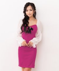 Tika/ティカ Tika キャバドレス バイカラーシフォン長袖 袖あり胸元リボンハートカットタイトミニドレス (S～XXLサイズ)/508335631