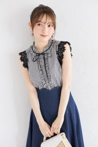 tocco closet/トッコクローゼット tocco closet リボン付きフラワー釦ショルダーレースギンガムチェック柄ブラウス/508335864