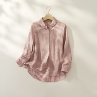fall－in＆co/フォーリン アンド コー fall－in&co 年中着まわしやすい ストライプ織リネンブラウス リネンシャツ ピンク＊薄茶色 240924－2/508337752