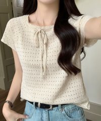 Lace Ladies/レースレディース Lace Ladies パンチング リボン付き ラグラン 半袖 ニット プルオーバー/508344857