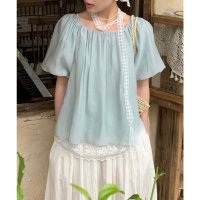 Lace Ladies/レースレディース Lace Ladies スクエアネック タック フレア パフスリーブ レースレイヤード風 ブラウス/508344889