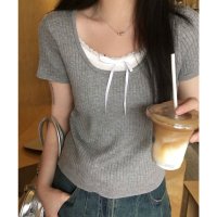 Lace Ladies/レースレディース Lace Ladies リボン付き インナー ドッキング 半袖 リブ ニット プルオーバー/508344905
