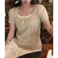 Lace Ladies/レースレディース Lace Ladies リボン付き インナー ドッキング 半袖 リブ ニット プルオーバー/508344905