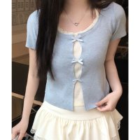 Lace Ladies/レースレディース Lace Ladies ホルターネック リボン付き ドッキング 半袖 ニット トップス/508344906