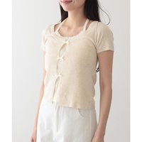 Lace Ladies/レースレディース Lace Ladies ホルターネック リボン付き ドッキング 半袖 ニット トップス/508344906