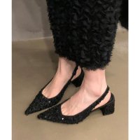 Lace Ladies/レースレディース Lace Ladies ツイード スパンコール ポインテッドトゥ バックストラップ ミュール サンダル/508345350