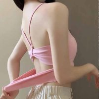 shoppinggo/ショッピングゴー shoppinggo 背中あき キャミソール リボン ショート丈 へそ出し カップ付 キャミタンクトップ ブラ 白 黒 パット付 バックオープ/508345368