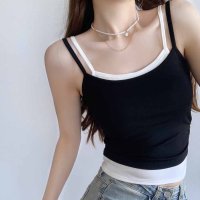 shoppinggo/ショッピングゴー shoppinggo キャミソール レディース カップ付き バイカラー 重ね着風 レイヤード キャミソール スクエアネック タイト トップ シ/508345370