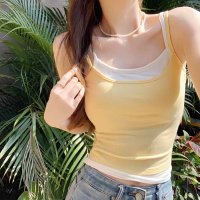 shoppinggo/ショッピングゴー shoppinggo キャミソール レディース カップ付き バイカラー 重ね着風 レイヤード キャミソール スクエアネック タイト トップ シ/508345370