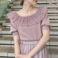 F.i.n.t/フィント F i.n.t 【洗える(マシンウォッシャブル)】チュールフリル5分袖ニットプルオーバー/508349754