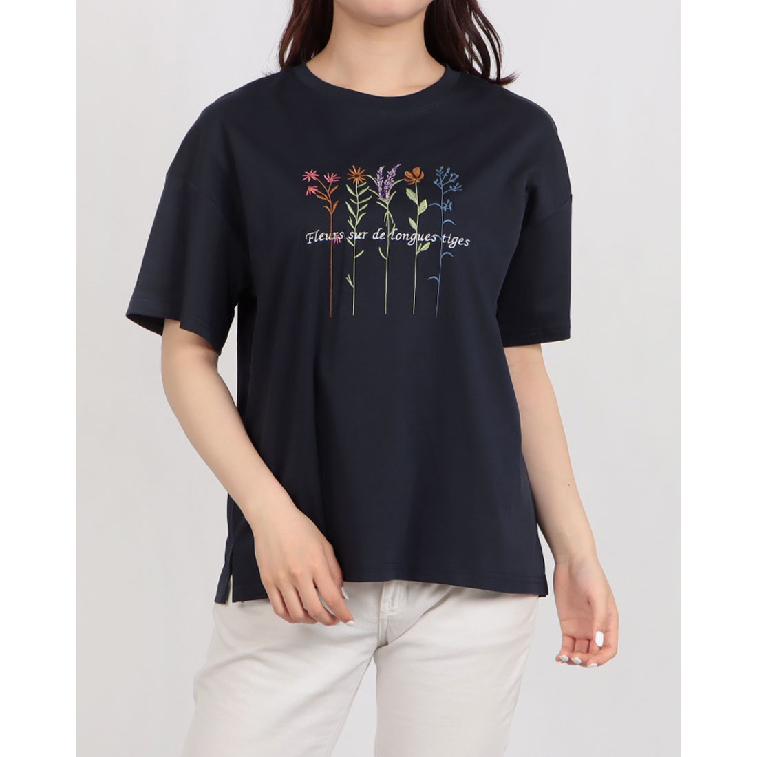 tシャツ BRODIAEA カラフルフラワー刺繍半袖Tシャツ レディース ブローディア BRODIAEA カラフルフラワー刺繍半袖Tシャツ